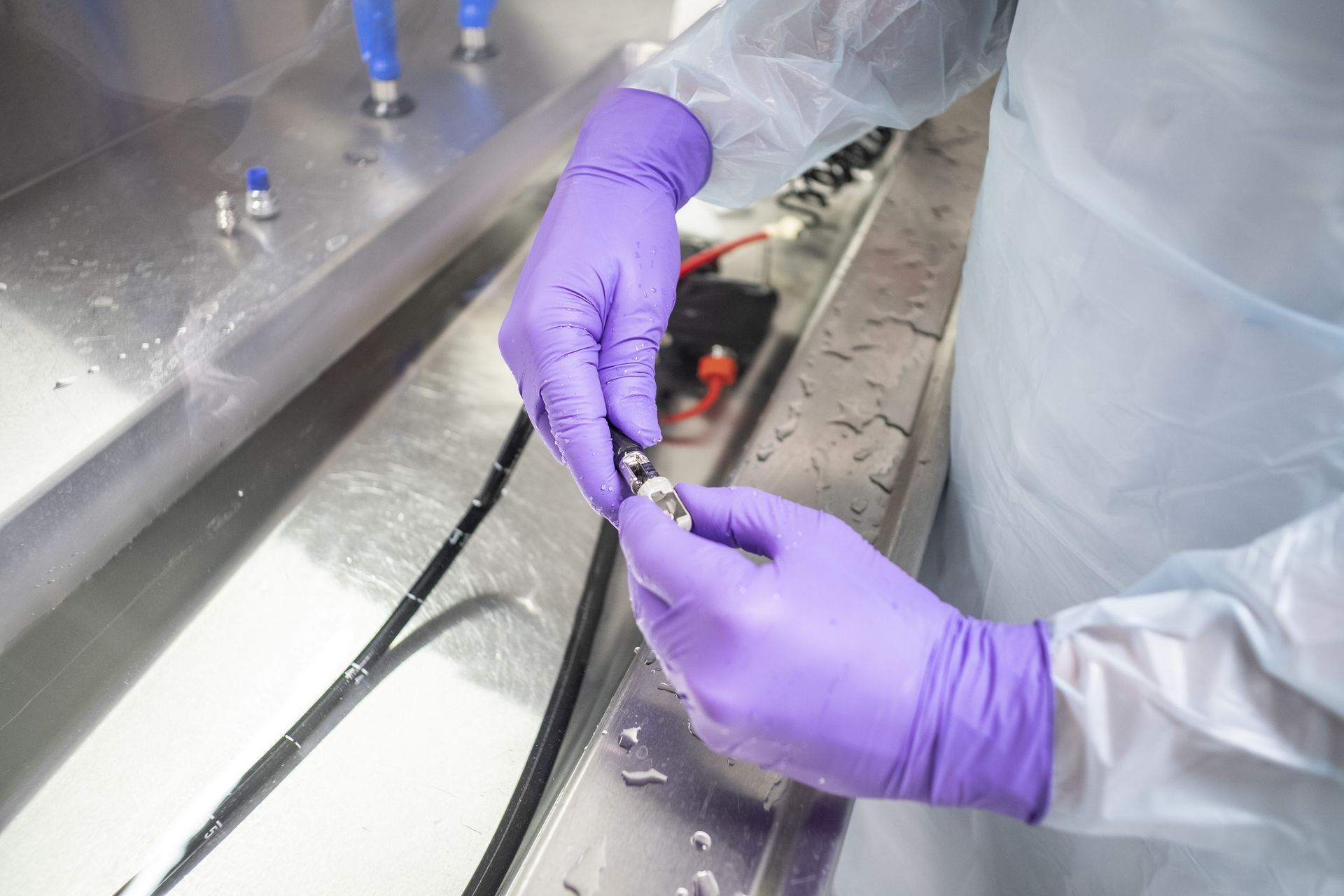 An endoscope is cleaned in water