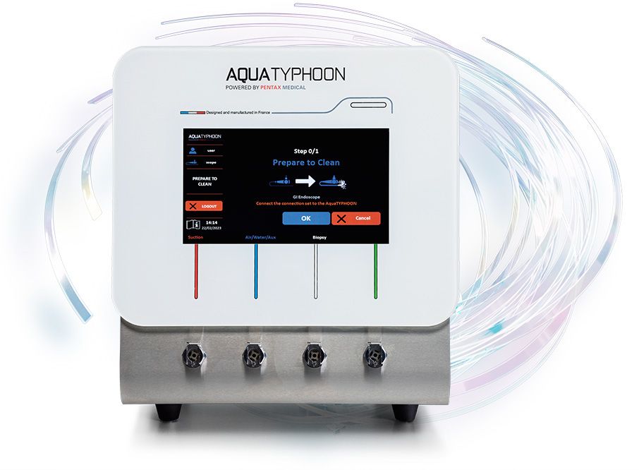 image of the AquaTYPHOON™ the automated brushless endoscope channels pre-cleaning device with iridescent swirl in the background